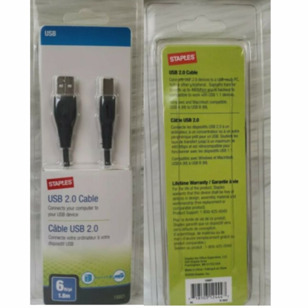 NWT Staples USB 2.0 Cable 6FT (1.8m) Model: 18801